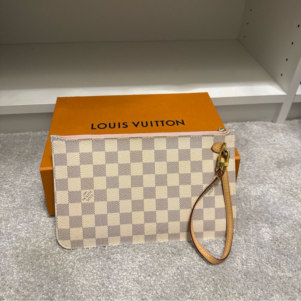 Louis Vuitton Damier Azur Checkered Neverfull Clutch Wristlet